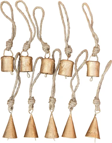 Vista 10 de 10 campanas rústicas de vaca de metal dorado con cuerda de yute de 2 pulgadas, cascabeles pequeños para manualidades, campanas de Navidad, adornos