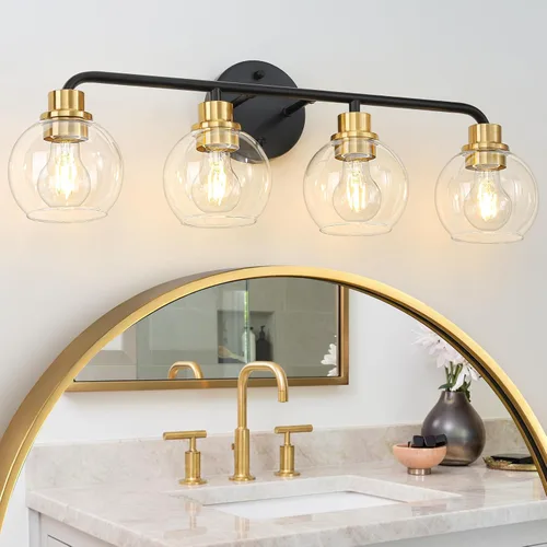 Vista 12 de Lámparas de baño doradas para tocador, 3 luces, apliques de pared, luces de latón cepillado con pantallas de vidrio globo transparente, lámpara