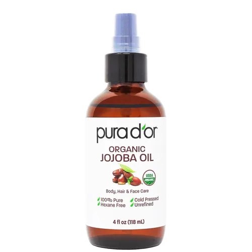 PURA D'OR Aceite de jojoba orgánico de 4 onzas – Certificado USDA – Hidratante 100% puro y natural – Prensado en frío, sin refinar, sin hexano,