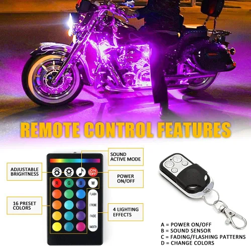 Vista 4 de Xprite Kit de luces LED RGB para motocicleta, impermeable, con control remoto inalámbrico, tiras de luces de neón rojas, función de lámpara de freno