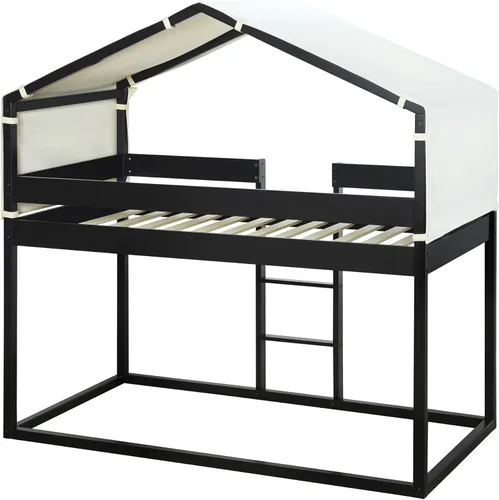 Vista 248 de Cama de casa de tamaño individual con elegantes ventanas y estantería, litera con diseño de castillo de madera con barandillas de seguridad