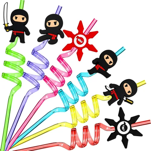 24 popotes de decoración de fiesta de ninja con temática de karate, suministros de fiesta de cumpleaños reutilizables, pajitas de plástico para
