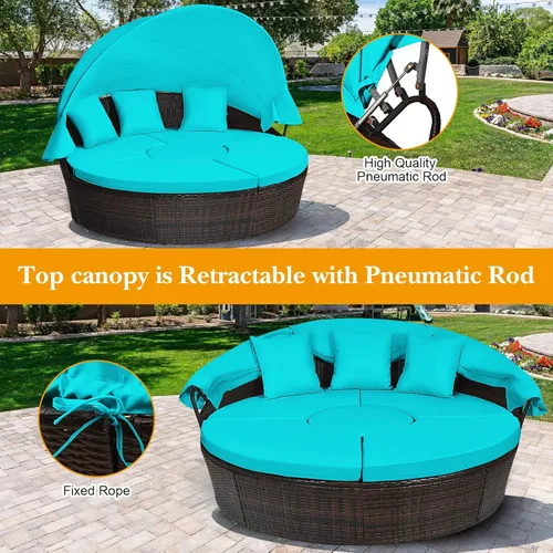 Vista 6 de COSTWAY Sofá cama redondo para patio con toldo retráctil, muebles de mimbre con asientos acolchados separados, mesa ajustable, sofá cama de ratán
