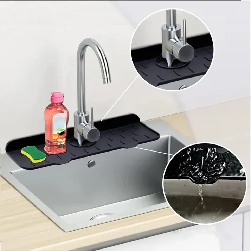 Vista 7 de Protector contra salpicaduras para fregadero de cocina de 14.6 pulgadas, mango de grifo de silicona, bandeja colectora de goteo para cocina