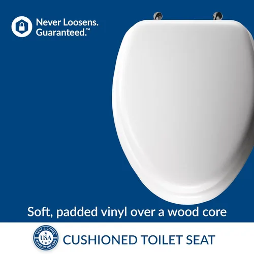 Vista 2 de Mayfair Asiento de inodoro acolchado con bisagras cromadas, asiento de vinilo suave sobre núcleo de madera, fabricado en Estados Unidos, alargado