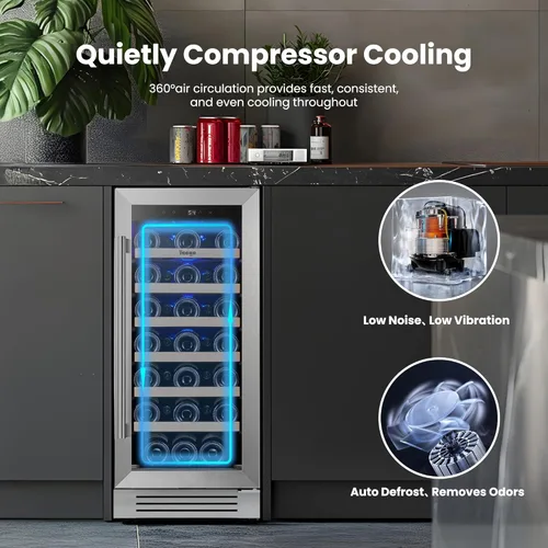Vista 4 de Yeego Refrigerador de vino - Refrigerador de vino de 15 pulgadas con 33 botellas con puerta de vidrio, control táctil de 40-65 ℉, integrado