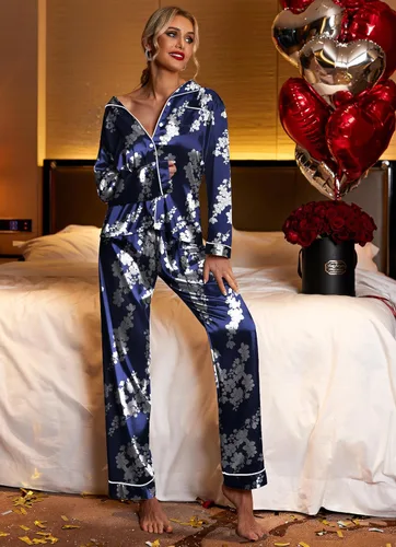 Vista 4 de Ekouaer Conjunto de pijama de satén largo clásico de verano para mujer