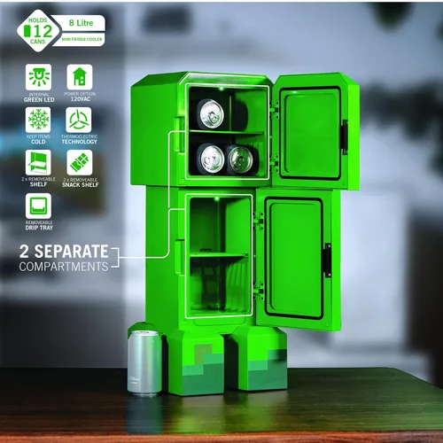 Vista 2 de Ukonic Minecraft Legends Creeper - Mini refrigerador de 8 litros, capacidad para 12 latas, luces LED, enfriador termoeléctrico CA/CC, estantes