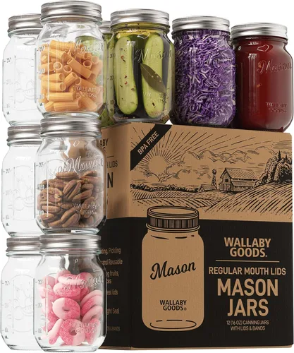 Vista 8 de Wallaby Tarros transparentes de boca ancha de 32 onzas con tapa y bandas de sellado, recipiente de vidrio hermético para enlatar, conservar