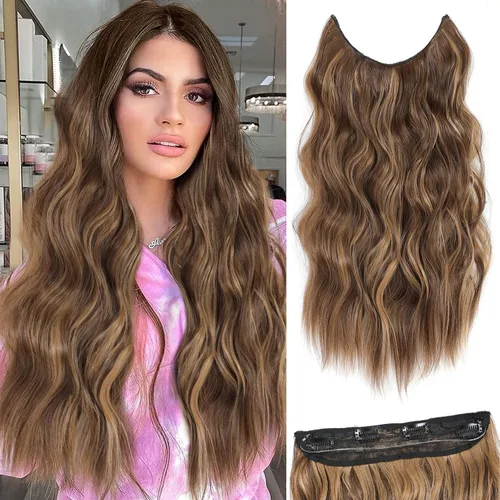 Vista 30 de Extensiones de cabello tipo aureola de 20 pulgadas, alambre invisible, ajustable, cabello largo ondulado, mejora sintética, 4 clips de seguridad