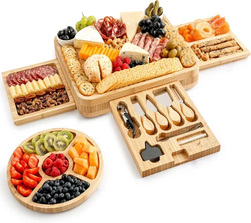 Vista 13 de Zulay Kitchen Juego de tablas de queso de bambú de alta calidad, juego de tablas de embutidos de bambú extra gruesas con juego de 4 cuchillos, tabla