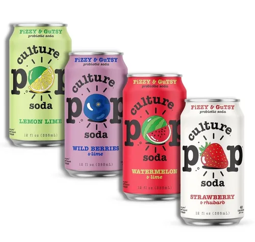 Culture Pop Soda - Bebida probiótica espumosa, refresco vegano para la salud intestinal, sin OMG, GF, sin azúcar añadido, paquete de 12 latas de 12