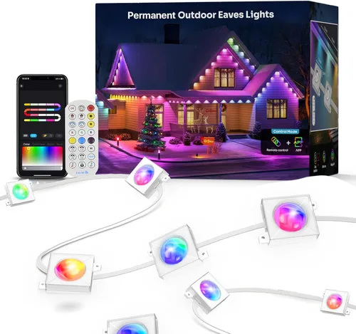 Luces de 100 pies para exteriores permanentes para la casa: Tira de luces LED RGB+IC para el alero con aplicación inteligente y control remoto, 72