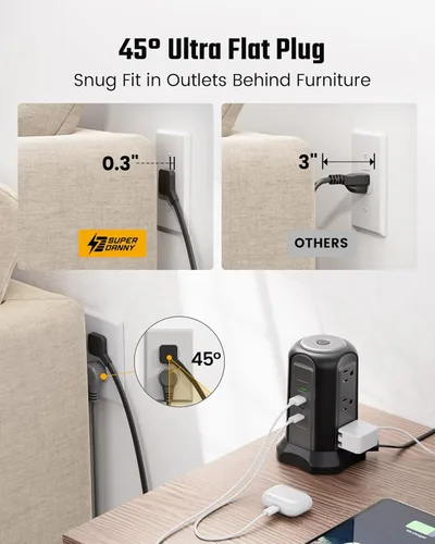 Vista 4 de Tira de alimentación con protector de subida de tensión en torre, estación de carga de escritorio SUPERDANNY, cable de extensión de enchufe plano