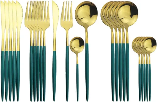 Vista 15 de Juego de cubiertos negros de acero inoxidable de 24 piezas, servicio para 6, vajilla pulida con espejo, cuchillo tenedor y cuchara para el hogar