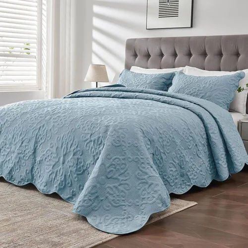Vista 19 de Kingnex Juego de colcha de tamaño King, suave, ligera, acolchada, 3 piezas, 1 edredón y 2 fundas de almohada, color gris oscuro