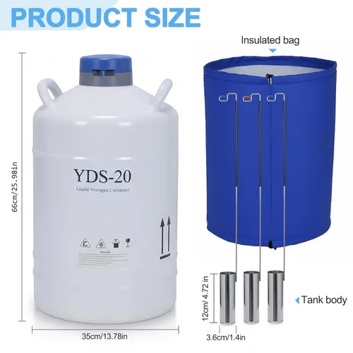 Vista 6 de Generic Contenedor de nitrógeno líquido de aleación de aluminio 20L con 3 botes y bolsa de transporte LN2 Dewar criogénico para la preservación