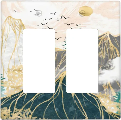Vista 126 de Placa decorativa para interruptor de luz, diseño bohemio, abstracción, montaña y sol, 2 bandas, 1 palanca, 1 placa de pared dúplex, cubiertas