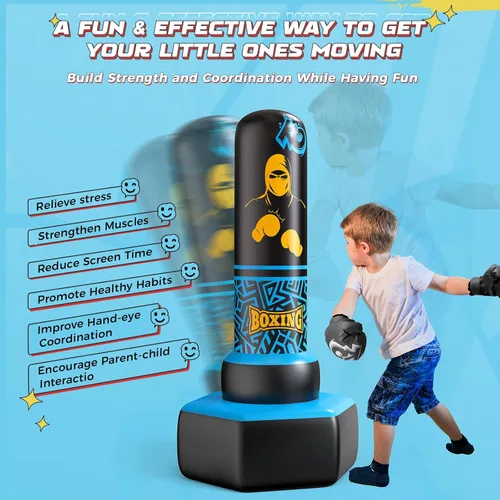 Vista 3 de Saco de boxeo inflable de 67 pulgadas independiente para niños de 3 a 12 años, juego de boxeo resistente para karate y taekwondo, bolsa de boxeo