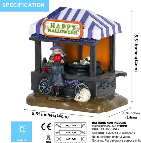 Vista 4 de innodept12 Casa de pueblo espeluznante coleccionable de Halloween, figuras de tienda de bruja y esqueleto con luces LED, B/O