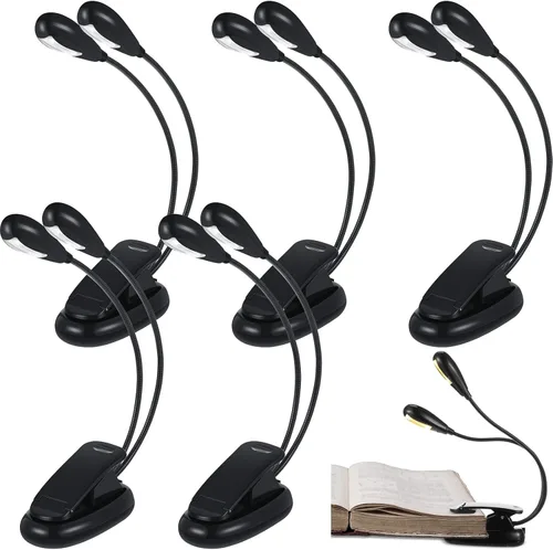 Retisee 6 piezas de luz de lectura con clip para atril de música, cabezales duales, USB y batería AAA, luces LED para libros en la cama, 3 niveles