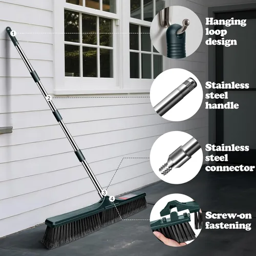 Vista 4 de MASTERTOP Escoba de Empuje de 24" para Exteriores, Escoba de Cepillo de Jardín Resistente con Mango Largo de 58" y Cerdas Rígidas, Escoba Comercial