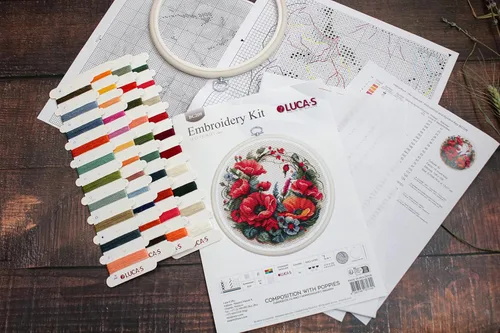 Vista 5 de Luca-S Kit de punto de cruz con aro - Composición con amapolas, BC209, kit de punto de cruz para adultos, kit de embroydery