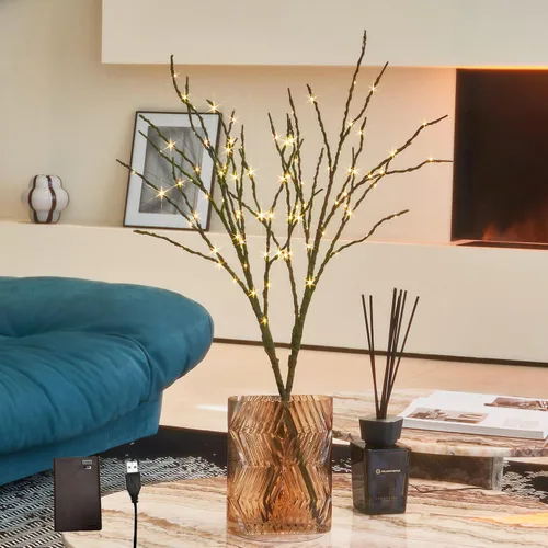 Vista 9 de Hairui - Ramas de sauce iluminadas con temporizador, 70 luces LED blancas cálidas, ramas artificiales de diente de león con luces, 27 pulgadas