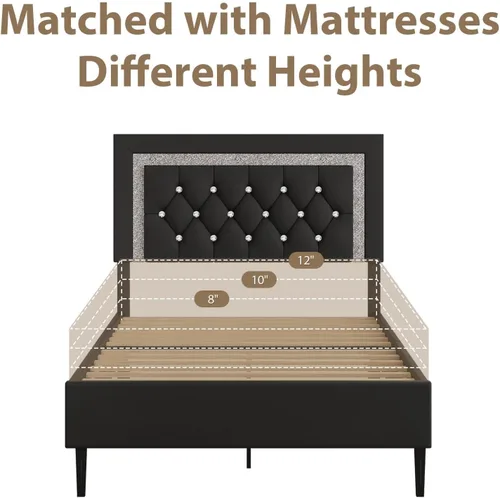 Vista 6 de BarnFurin Marco de Cama Individual con Cabecera Acolchada con Botones, Marco de Cama Plataforma Tapizada con Diseño de Diamante, Soporte de Listones