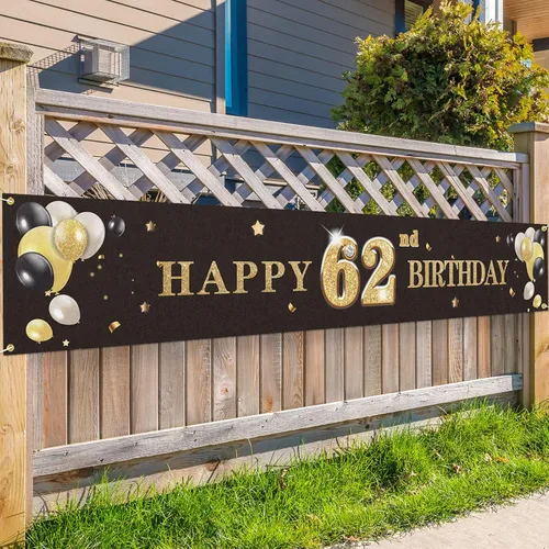 Cartel de fondo de feliz cumpleaños 62 con texto en inglés «Cheers to 62 Years» para decoración de fiestas, color negro