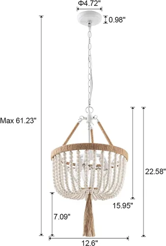 Vista 2 de VILUXY Candelabro bohemio con cuentas de madera de granja, lámpara colgante de cuentas de madera, Chandeleir colgante de 3 luces, candelabro rústico