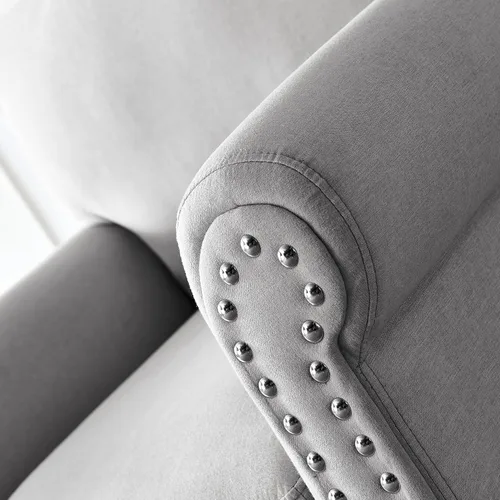 Vista 5 de Copetudo, moderna silla decorativa de lino con decoración de remaches, sillón de mediados de siglo, sofá reclinable individual con patas de madera