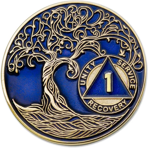 Vista 205 de 1 año Sobriety Mint Twisted Tree of Life Medallón de recuperación AA chapado en oro, chip/ficha - negro