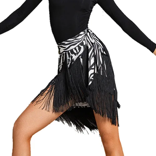 Vista 6 de Faldas de baile para mujer, diseño de baile latino, delantal, tango, borla y bufanda a la cadera Negro leopardo estampado