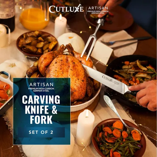 Vista 4 de Cutluxe Juego de cuchillos para tallar pavo, tenedor y cuchillo para carne, barbacoa, pechuga afilada, acero alemán de alta calidad, mango