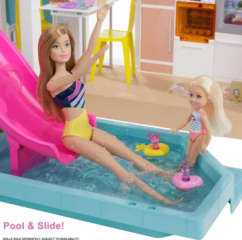 Vista 3 de Barbie DreamHouse versión 2,021 – Casa de muñecas grande (3.75 pies/1.14 m) con piscina, tobogán, ascensor, luces y sonidos, y accesorios para casa