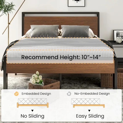 Vista 7 de SHA CERLIN Base de cama de plataforma de metal tamaño Queen de 14 pulgadas con cabecero y estribo de madera, base de colchón, no necesita somier