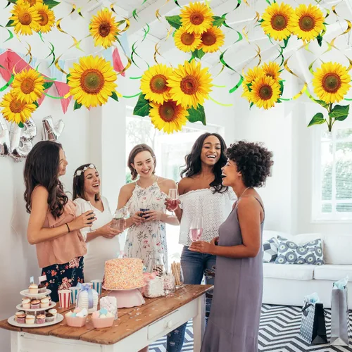 Vista 6 de Spakon 30 piezas de remolinos colgantes de girasol, remolinos de papel de aluminio, decoración de pared de techo para cumpleaños temático