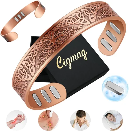Vista 17 de Pulsera magnética de cobre para hombres, con potentes imanes 9X de 5000 Gauss, ajustable de cobre puro sólido (Axe)