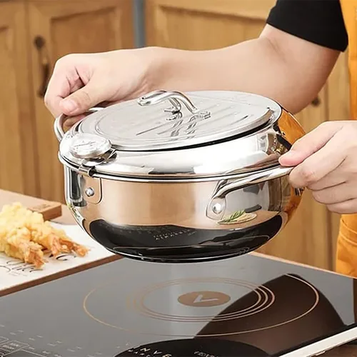 Vista 4 de BestAlice Olla para freidora, olla de acero inoxidable de 10 pulgadas (3.4 litros), olla de freidora mejorada con termómetro, olla japonesa pequeña