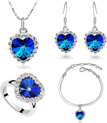 Titanic - Juego de collar y aretes, pulsera y anillos de corazón del océano, juego de joyas Titanic chapado en plata, zafiro azul, colgante de