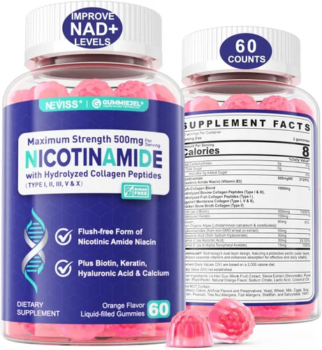 NEVISS Gomitas de nicotinamida de 500 mg, suplemento de niacinamida con péptidos de colágeno, (niacina sin rubor) vitamina B3 niacinamida para