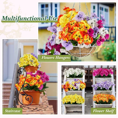 Vista 4 de Tigeen 15 piezas de pensamientos artificiales multicolor artificiales para exteriores, flores de imitación para macetas al aire libre, flores