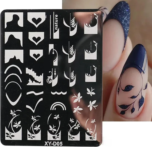 Vista 7 de Juego de 6 plantillas de estampado de uñas con líneas francesas, flores, hojas, diseño de corazón sonriente, kits de estampado artístico