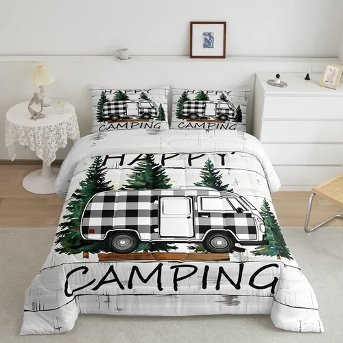 Vista 11 de Erosebridal Juego de edredón de cabaña de cabaña, juego de ropa de cama individual para niños, edredón de campamento con temática de campamento