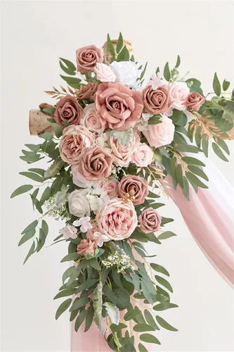Vista 3 de BDBD Kit de flores artificiales de arco de boda (paquete de 4), 2 guirnaldas de rosas y 2 telas de drapeado para decoración de fondo de fiesta