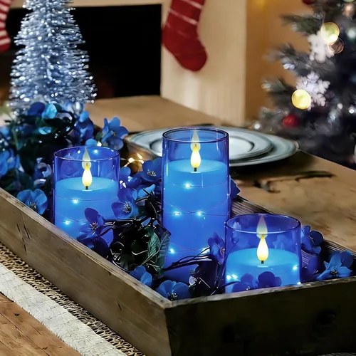 Vista 2 de Homemory Velas sin llama con cadena de estrellas incrustadas, velas que funcionan con pilas, velas LED, velas falsas con control remoto y Azul