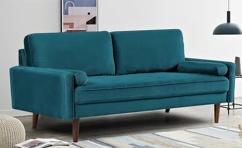 Vista 2 de Sofás capitoné de terciopelo para sala de estar, estilo clásico de mediados de siglo con silueta moderna, acolchado de botones y patas de madera