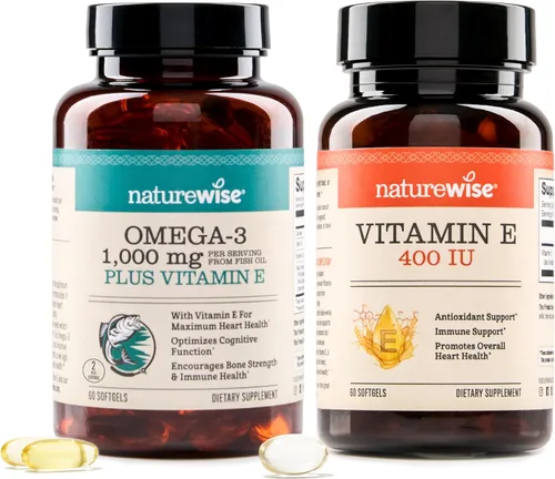 NatureWise Aceite de pescado Omega 3 extra fuerte 1000 mg 60 unidades + vitamina E 400 UI (180 mg DL-alfa) 60 unidades - Paquete para apoyo
