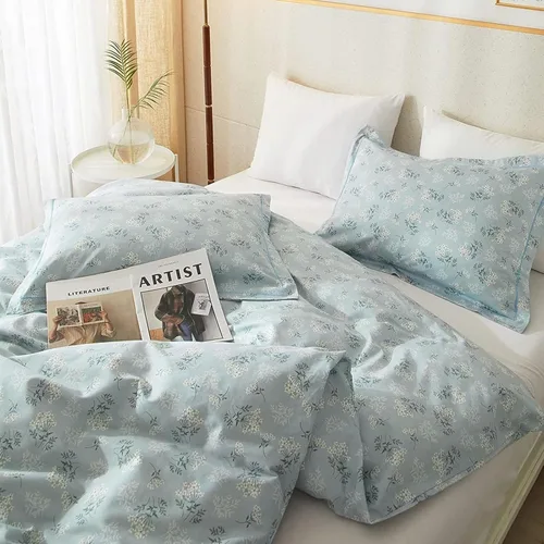 Vista 2 de VM VOUGEMARKET Juego de funda de edredón tamaño individual, juego de ropa de cama de flores azul claro para niñas, 100% algodón, funda de edredón